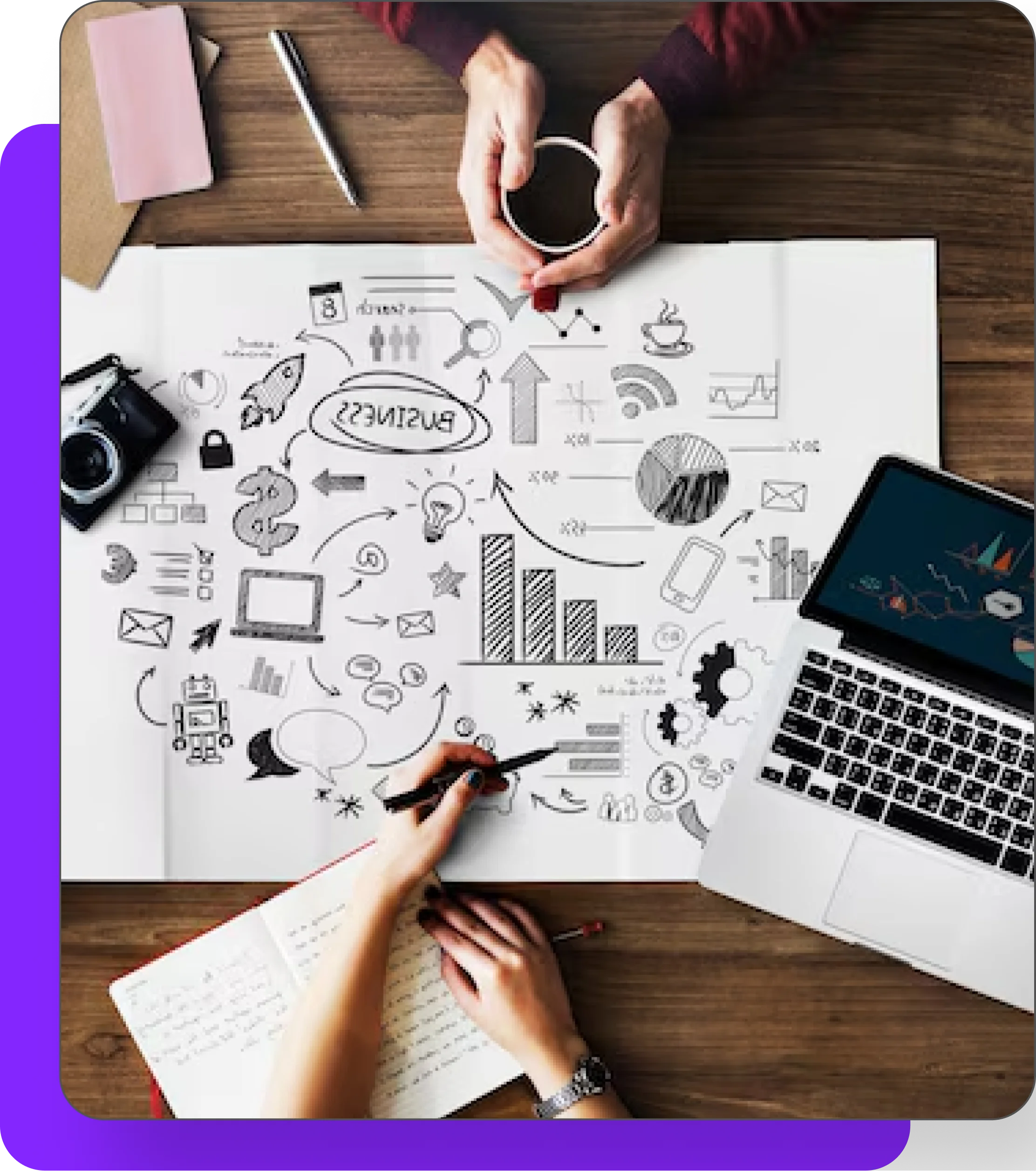 Creative brainstorming session with hand-drawn business strategies, graphs, and notes on a desk, symbolizing Quixify Media's innovative digital marketing solutions.